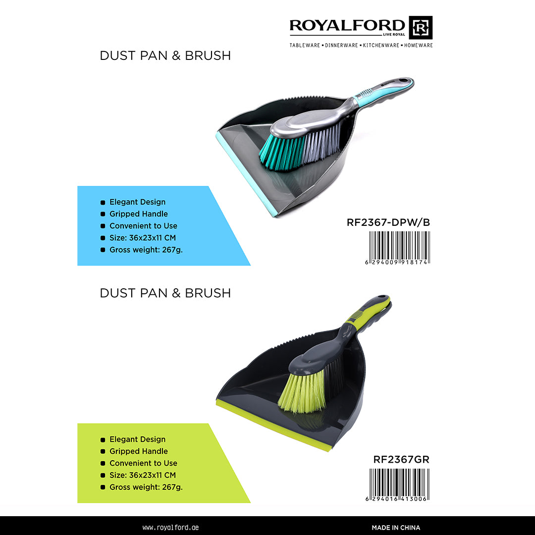 Royalford RF2367GR Dustpan and Brush Set | Ergonomic Grip Handle | Durable Hand Brush & Dust Pan Cleaning Tool | Ideal For: Floor, Kitchen, Table, Office &Countertops