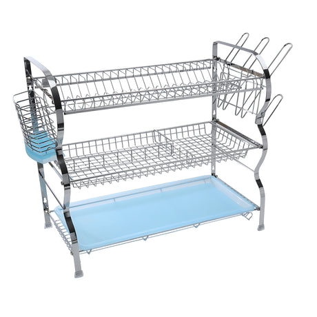 Royalford RF2569 3 Layer Dish Rack is made from durable iron with a polished finish| featuring three spacious tiers, removable drip trays and side utensil holders.