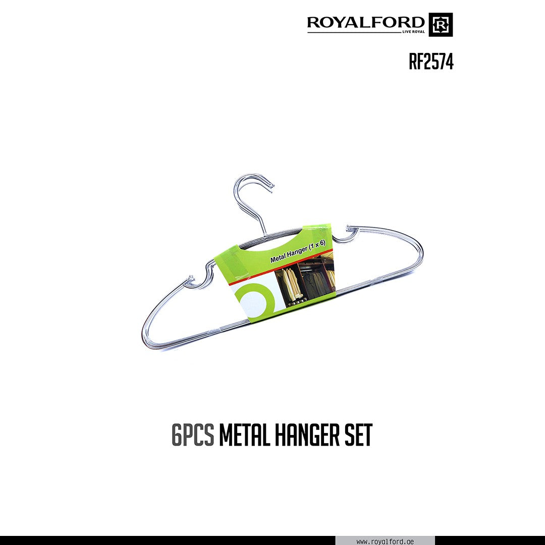Royalford RF2574 6PCS Metal Hanger Set| Heavy-Duty Chrome-Plated Rust-Resistant Clothes Hangers | Shoulder Notches| Slim Space-Saving Design for Shirts, Dresses & Jackets