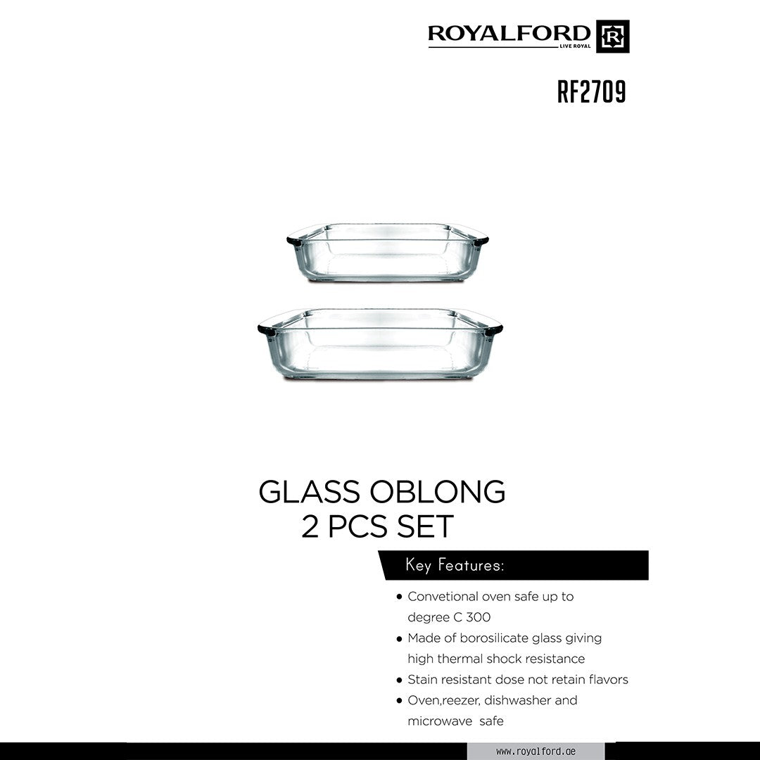 RoyalFord RF2709 Glass Oblong Baking Dish Set | 2PCS | Borosilicate, Oven Safe Bakeware | Microwave, Freezer & Dishwasher Safe Rectangular Cooking Dishes for Kitchen Use