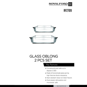 RoyalFord RF2709 Glass Oblong Baking Dish Set | 2PCS | Borosilicate, Oven Safe Bakeware | Microwave, Freezer & Dishwasher Safe Rectangular Cooking Dishes for Kitchen Use