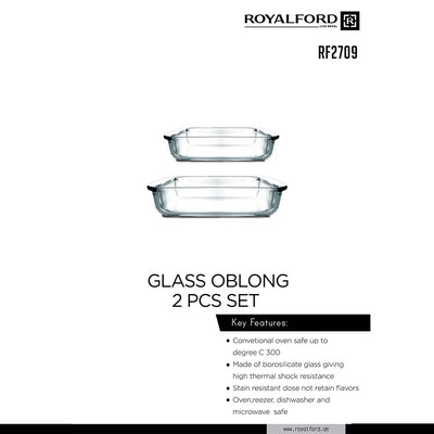 RoyalFord RF2709 Glass Oblong Baking Dish Set | 2PCS | Borosilicate, Oven Safe Bakeware | Microwave, Freezer & Dishwasher Safe Rectangular Cooking Dishes for Kitchen Use