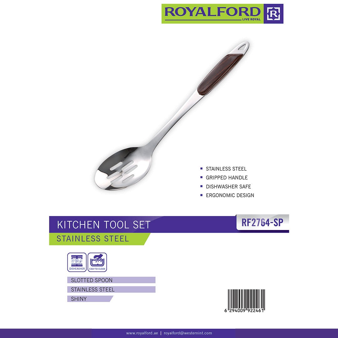 Royalford RF2764-SP Stainless Steel Slotted Spoon | Ergonomic Gripped Handle | Durable Shiny Finish| Heat Resistant Cooking Utensil| Dishwasher Safe Slotted Serving Spoon