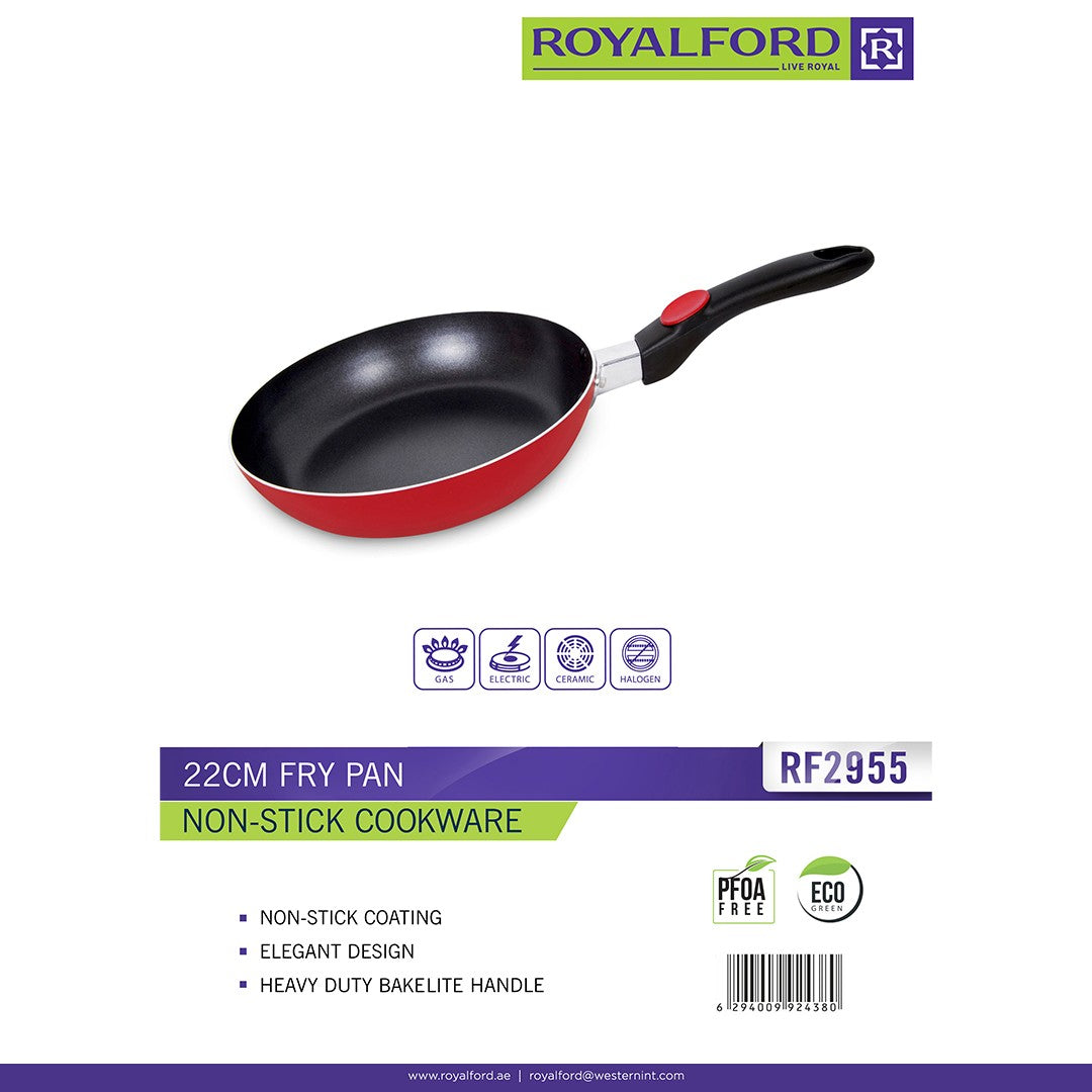 Royalford RF2955 22cm Non-Stick Fry Pan | Heavy Duty Bakelite Handle | PFOA Free Eco Friendly Coating | Multi Cooktop Compatible for Gas Electric Ceramic Halogen Use