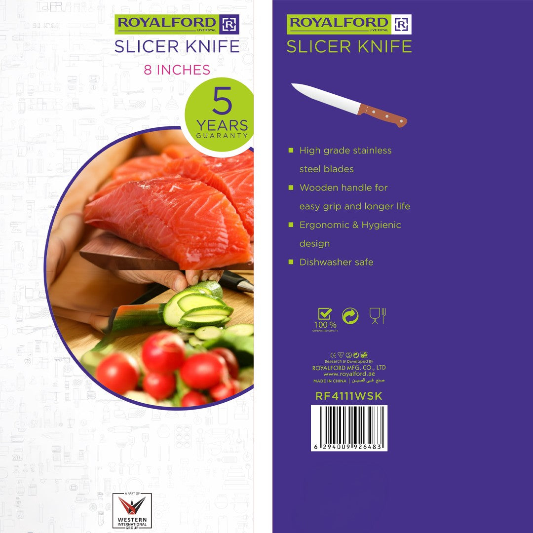 Royalford RF4111  8-Inch Slicer Knife | High-Grade Stainless Steel Blade| Wooden Handle| Hygienic Design & Dishwasher Safe | Precision Cutting Knife| 5 Years Warranty