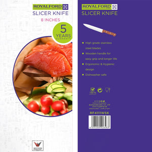 Royalford RF4111  8-Inch Slicer Knife | High-Grade Stainless Steel Blade| Wooden Handle| Hygienic Design & Dishwasher Safe | Precision Cutting Knife| 5 Years Warranty