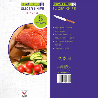 Royalford RF4111  8-Inch Slicer Knife | High-Grade Stainless Steel Blade| Wooden Handle| Hygienic Design & Dishwasher Safe | Precision Cutting Knife| 5 Years Warranty