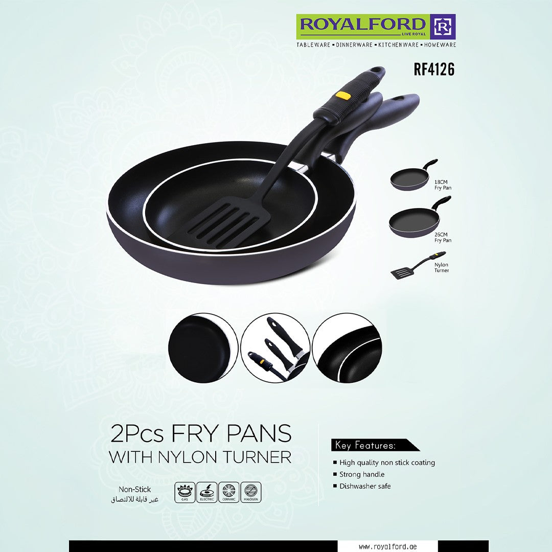 Royalford RF4126FP 2Pcs Non Stick Fry Pan Set | Nylon Turner and  Fry Pans | Strong Ergonomic Handle | Dishwasher Safe for Everyday Cooking on Gas,  Electric,  Ceramic
