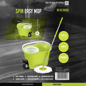 Royalford RF4238GR Spin Easy Mop with Bucket | 360° Rotating Microfiber Mop Head | Adjustable Height Handle |  Foot Pedal Spinner | Fast Drying & Free Extra Mop