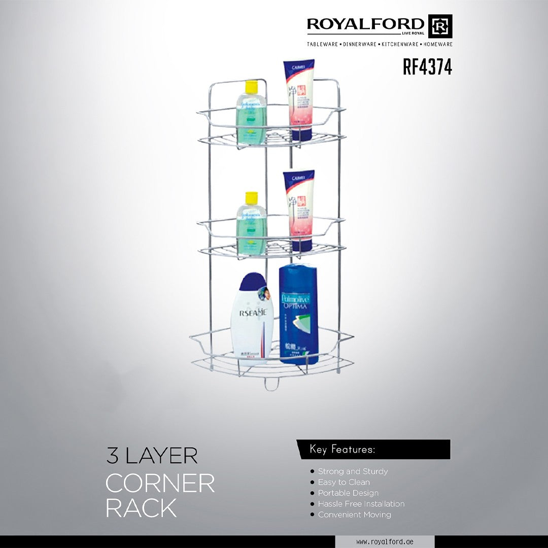 Royalford RF4374 3 Layer Corner Rack | strong metal construction, space-saving corner design, rust-resistant finish and three spacious shelves for organized storage