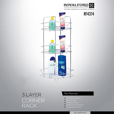 Royalford RF4374 3 Layer Corner Rack | strong metal construction, space-saving corner design, rust-resistant finish and three spacious shelves for organized storage