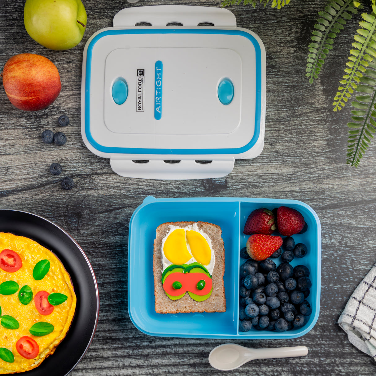 Royalford RF4398 Airtight Lunch Box 1200ML| 2 compartments and spoon with BPA-free and leakproof design| durable and lightweight, ideal for school, office, trave|