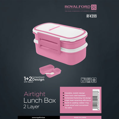 Royalford RF4399 Airtight Lunch Box 2 Layer with Spoon| Leak Proof, Food Storage Container & 1+2 Compartment Design| Food Grade Material for Office School Travel Use|