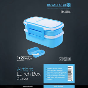 Royalford RF4399BL Airtight Lunch Box 2 Layer with Spoon| Leak Proof, Food Storage Container & 1+2 Compartment| Durable Food Grade Material for Office School Travel Use|