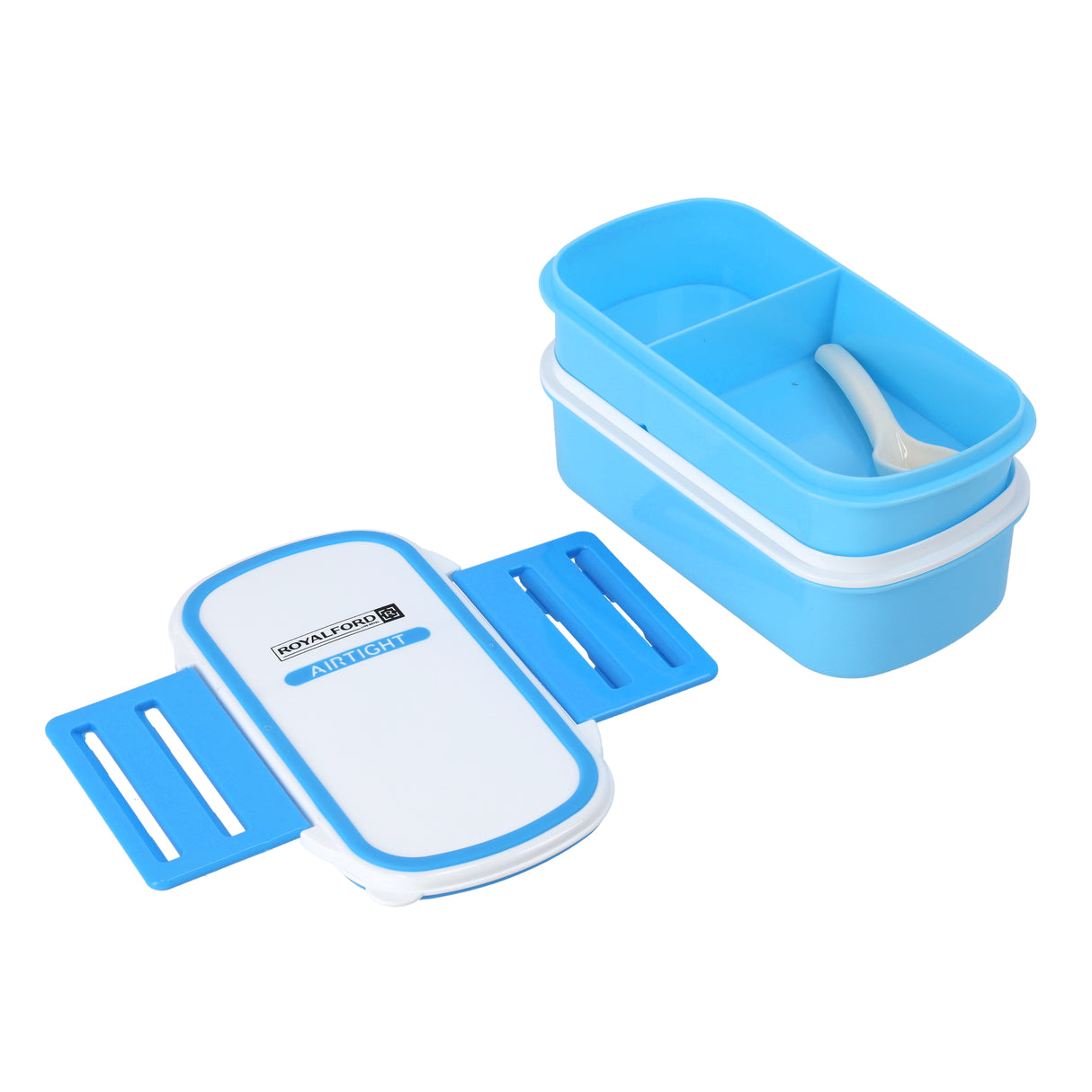 Royalford RF4399BL Airtight Lunch Box 2 Layer with Spoon| Leak Proof, Food Storage Container & 1+2 Compartment| Durable Food Grade Material for Office School Travel Use|