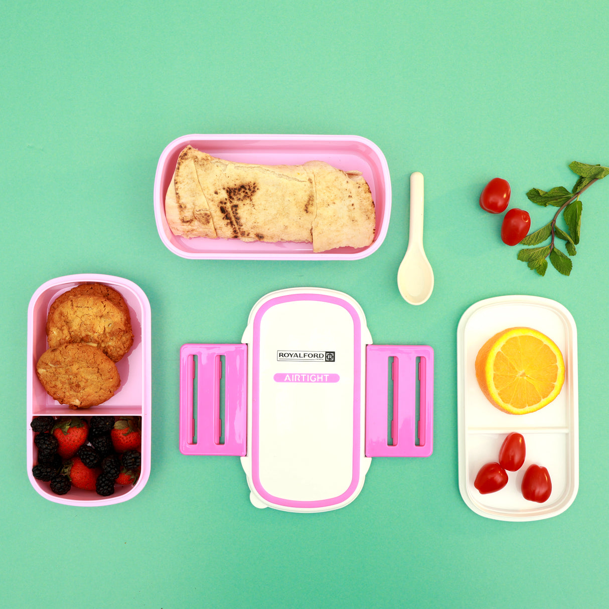 Royalford RF4399 Airtight Lunch Box 2 Layer with Spoon| Leak Proof, Food Storage Container & 1+2 Compartment Design| Food Grade Material for Office School Travel Use|