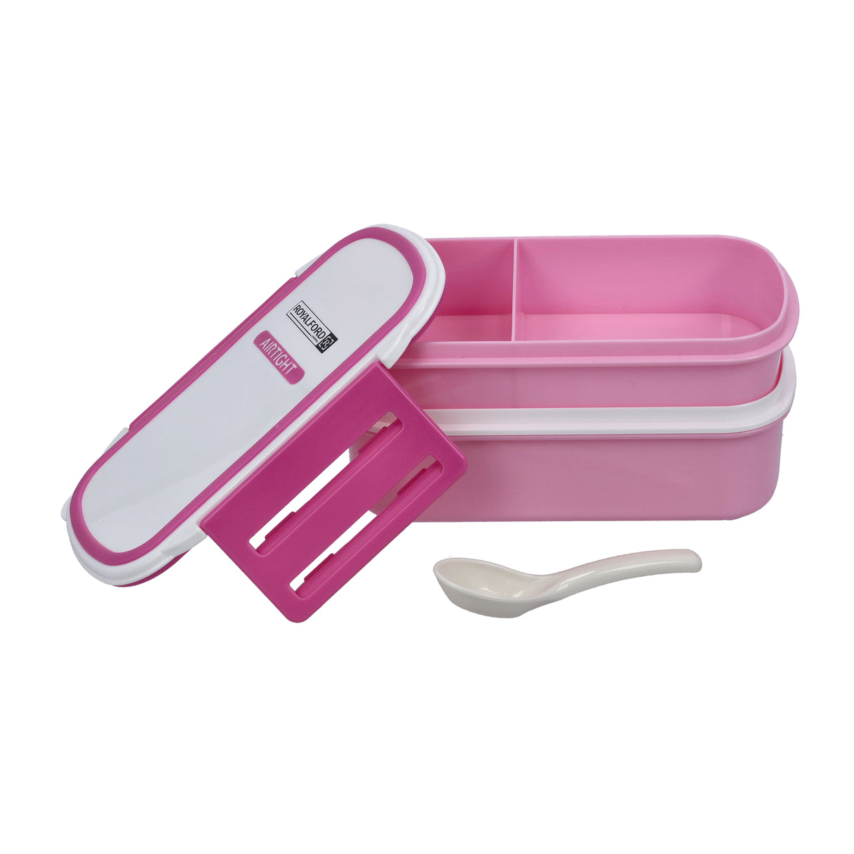 Royalford RF4399 Airtight Lunch Box 2 Layer with Spoon| Leak Proof, Food Storage Container & 1+2 Compartment Design| Food Grade Material for Office School Travel Use|