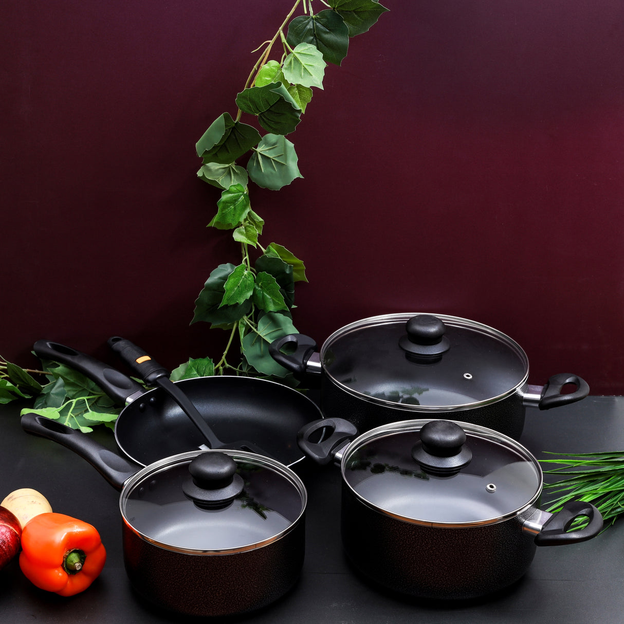 Royalford 8Pcs Non-Stick Cookware Set, 2.5mm Body Thickness, RF4999 | Scratch Resistant, Tempered Glass Lids | Bakelite Knobs and CD Bottom | Suitable for Multiple Hobs