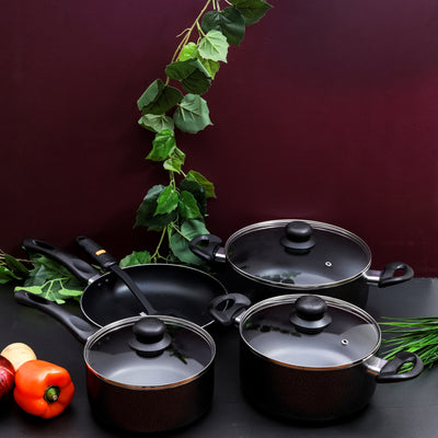 Royalford 8Pcs Non-Stick Cookware Set, 2.5mm Body Thickness, RF4999 | Scratch Resistant, Tempered Glass Lids | Bakelite Knobs and CD Bottom | Suitable for Multiple Hobs