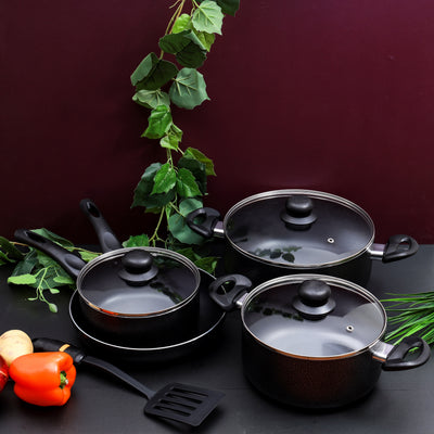 Royalford RF4999 8 Pcs Non-Stick Cookware Set | Glass Lids | Frypan | Saucepan & Casseroles | Durable Coating | Strong Handles | Dishwasher Safe for Daily Cooking Needs