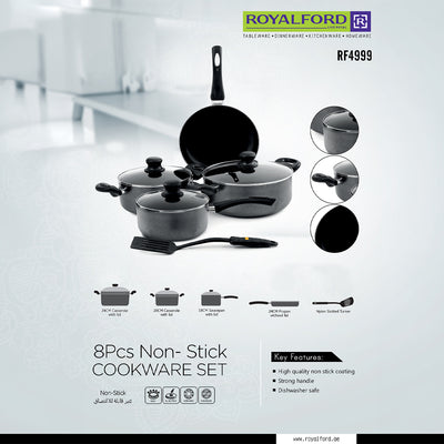 Royalford RF4999 8 Pcs Non-Stick Cookware Set | Glass Lids | Frypan | Saucepan & Casseroles | Durable Coating | Strong Handles | Dishwasher Safe for Daily Cooking Needs