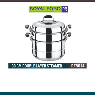 Royalford Double Layer Stainless Steel Steamer Pot RF5014 | 9L Multi-Purpose 30cm Steamer | Toughened Glass Lid|  Silicone Handles & Universal Induction Compatible Base
