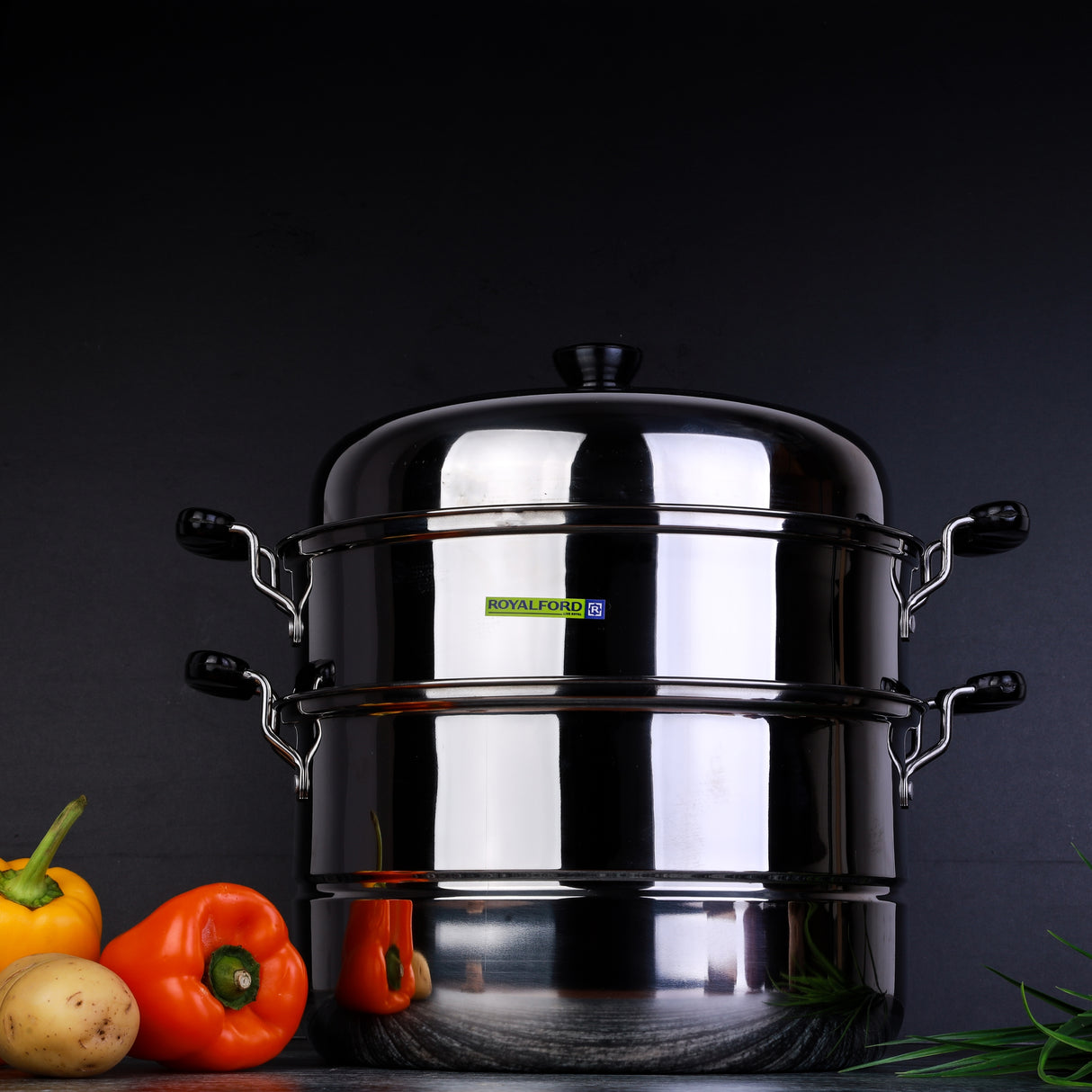 Royalford Double Layer Stainless Steel Steamer Pot RF5014 | 9L Multi-Purpose 30cm Steamer | Toughened Glass Lid|  Silicone Handles & Universal Induction Compatible Base