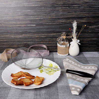 Royalford RF5023 stainless steel spider strainer| durable mesh & ergonomic handle| ideal for frying, skimming & straining food| heat resistant & easy to clean|