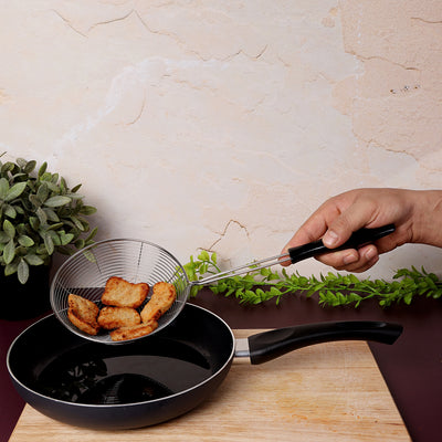 Royalford RF5024 stainless steel skimmer| wide mesh, ergonomic handle, ideal for frying, straining & lifting food| heat resistant & easy to clean for daily use|