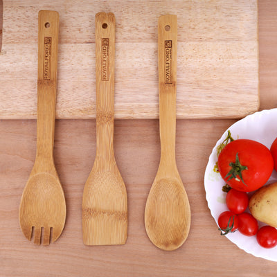 Royalford RF5109 bamboo kitchen tools set 3pcs| made from eco friendly wood, lightweight and non scratch| for cooking, stirring and safe for non stick cookware|