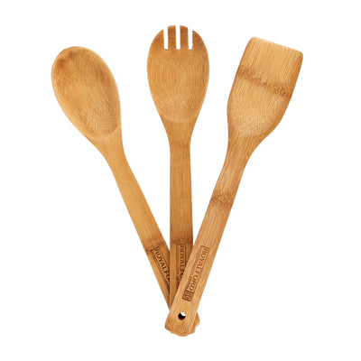 Royalford RF5109 bamboo kitchen tools set 3pcs| made from eco friendly wood, lightweight and non scratch| for cooking, stirring and safe for non stick cookware|