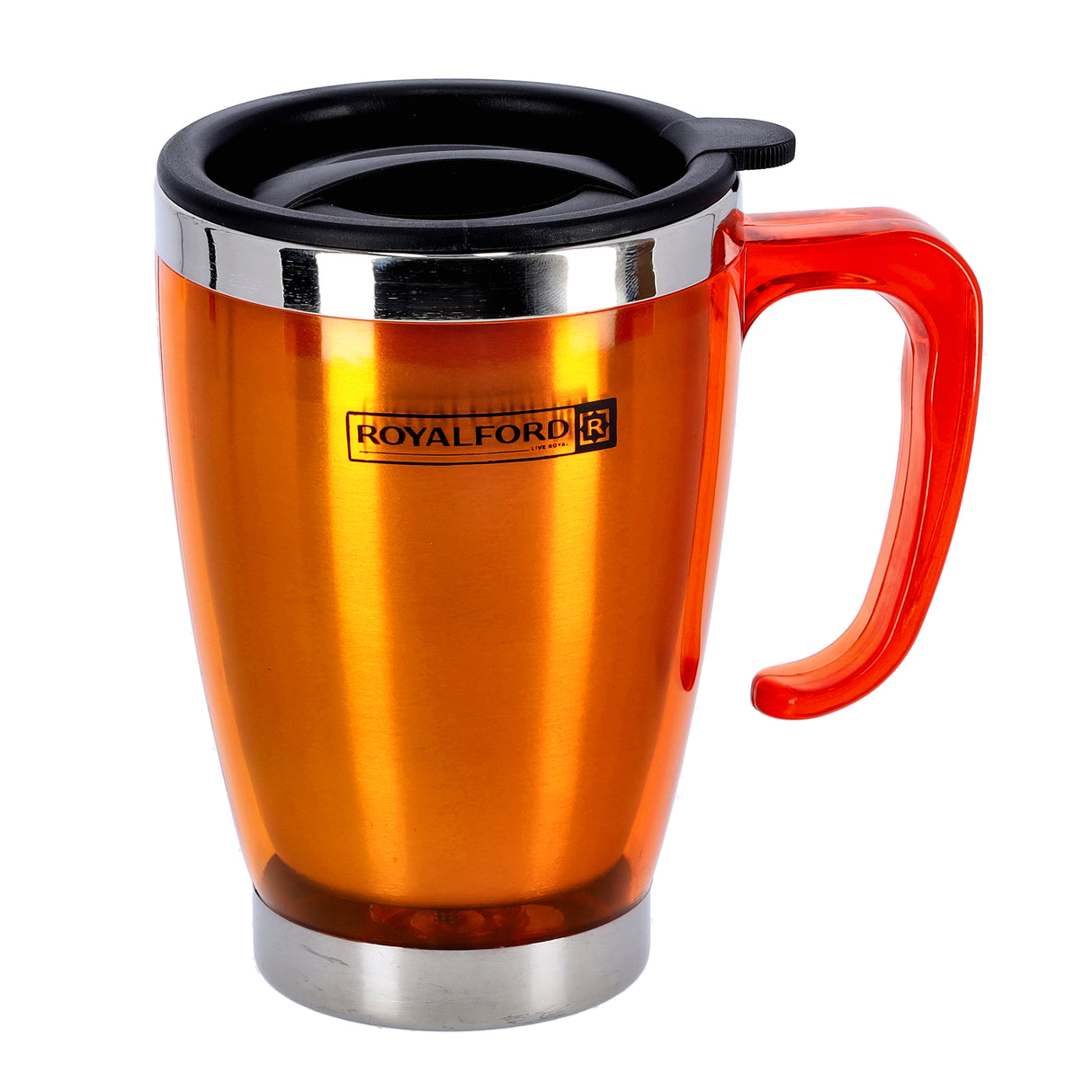 Royalford RF5129OR Double Wall Travel Mug | 400ml Stainless Steel Insulated Coffee Mug | Ergonomic Handle | Leak Resistant Lid |Portable Thermal Cup for Hot & Cold Drinks