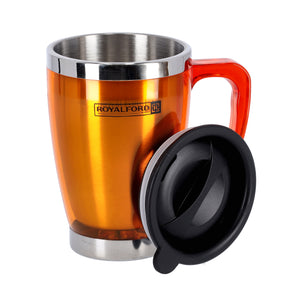 Royalford RF5129OR Double Wall Travel Mug | 400ml Stainless Steel Insulated Coffee Mug | Ergonomic Handle | Leak Resistant Lid |Portable Thermal Cup for Hot & Cold Drinks