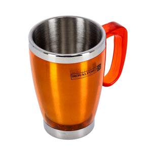 Royalford RF5129OR Double Wall Travel Mug | 400ml Stainless Steel Insulated Coffee Mug | Ergonomic Handle | Leak Resistant Lid |Portable Thermal Cup for Hot & Cold Drinks