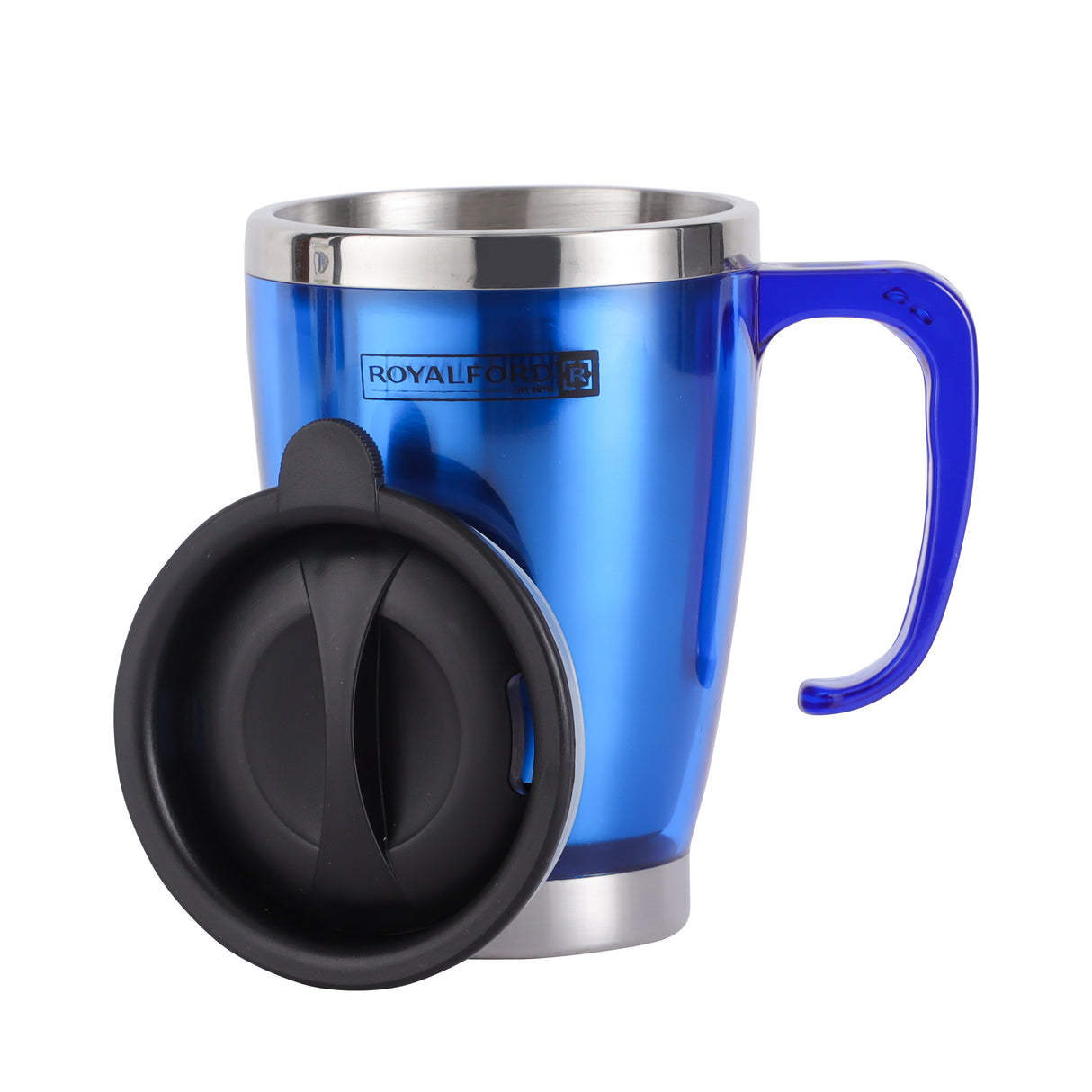 Royalford RF5129 Double Wall Travel Mug |400ml Stainless Steel Insulated Coffee Mug with Handle| Leak Resistant Lid | Portable Hot & Cold Beverage Cup for Office, Travel