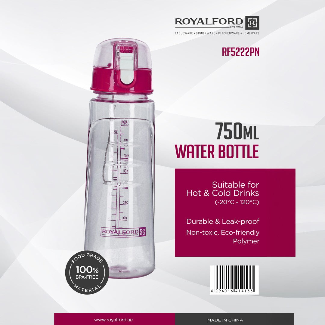 Royalford RF5222PN 750ML Water Bottle | BPA Free Leak Proof Drinking Bottle | Flip Lock Lid| Durable Eco-Friendly Polymer Bottle for Hot & Cold Drinks| Portable Bottle