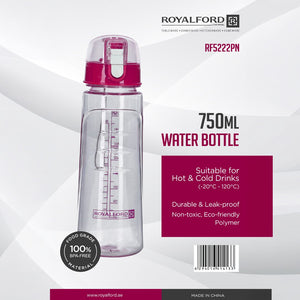 Royalford RF5222PN 750ML Water Bottle | BPA Free Leak Proof Drinking Bottle | Flip Lock Lid| Durable Eco-Friendly Polymer Bottle for Hot & Cold Drinks| Portable Bottle