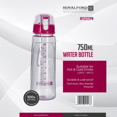 Royalford RF5222PN 750ML Water Bottle | BPA Free Leak Proof Drinking Bottle | Flip Lock Lid| Durable Eco-Friendly Polymer Bottle for Hot & Cold Drinks| Portable Bottle