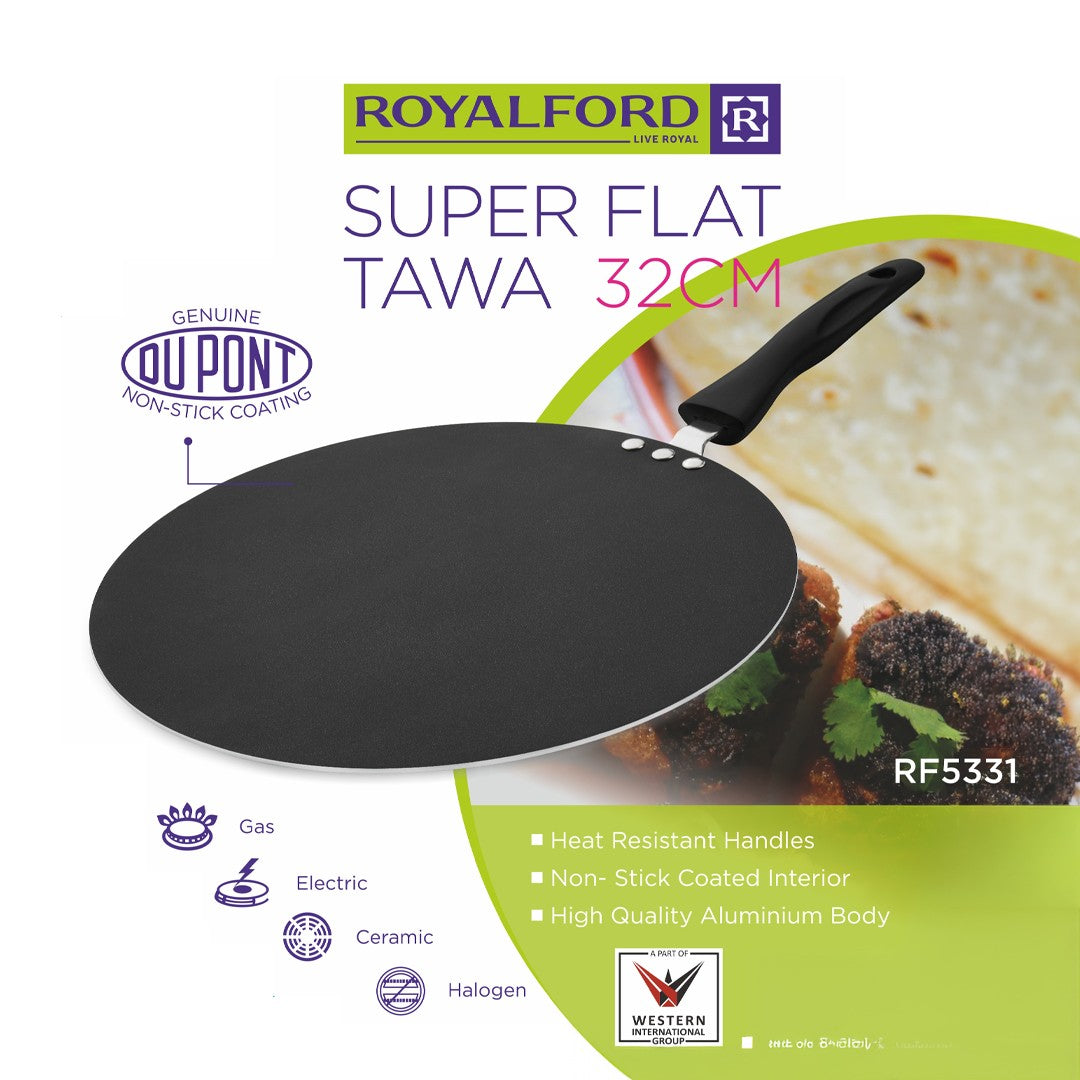Royalford RF5331 Super Flat Tawa 32cm | Non Stick Aluminium Roti Tawa |Heat Resistant Handle | Compatible with Gas, Electric, &  Ceramic Stoves, Perfect for daily cooking