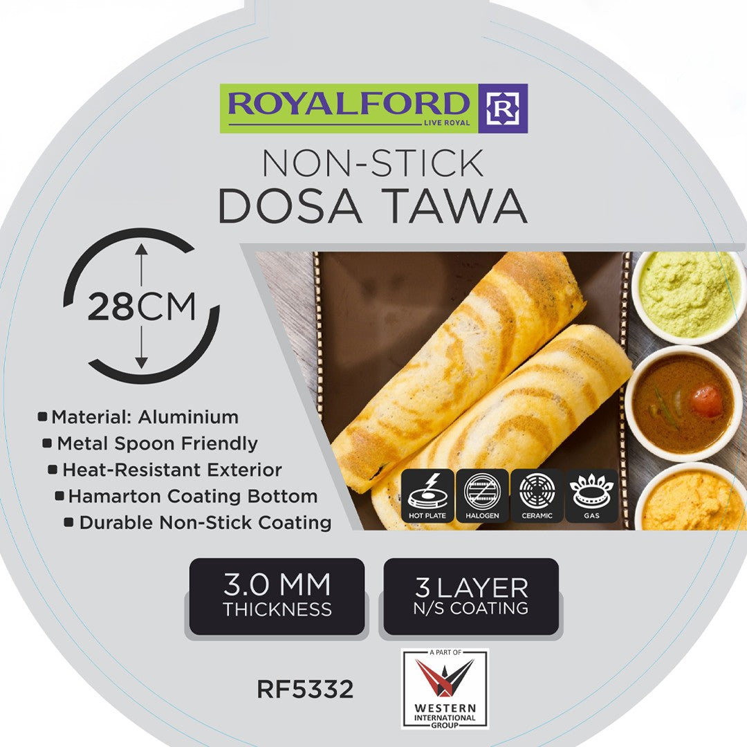 Royalford RF5332 Non-Stick Dosa Tawa 28cm | 3 Layer DuPont Coated Aluminium Flat Pan | Suitable for Dosa, Roti, Chapati with Even Heat Distribution for Everyday Cooking