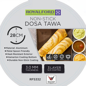 Royalford RF5332 Non-Stick Dosa Tawa 28cm | 3 Layer DuPont Coated Aluminium Flat Pan | Suitable for Dosa, Roti, Chapati with Even Heat Distribution for Everyday Cooking