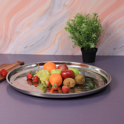 Royalford RF5345 Stainless Steel Round Serving Tray | Premium Stainless Steel | Elegant Mirror Finish | Raised Edges | Strong & Stable Construction | Durable Design