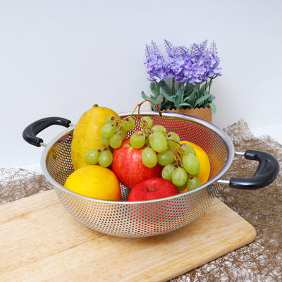 Royalford RF5404 Stainless Steel Fruit Basket & Kitchen Strainer | Dual Heat-Resistant Handles | Multipurpose Washing, Draining & Serving Colander for Fruits & Vegetables