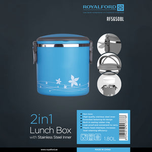 Royalford RF5650BL 2-in-1 Lunch Box 1.80L | Stainless Steel Inner | Leak-Proof Locking Lid| Insulated Design and Portable Food Container for Office, School & Travel