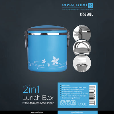 Royalford RF5650BL 2-in-1 Lunch Box 1.80L | Stainless Steel Inner | Leak-Proof Locking Lid| Insulated Design and Portable Food Container for Office, School & Travel