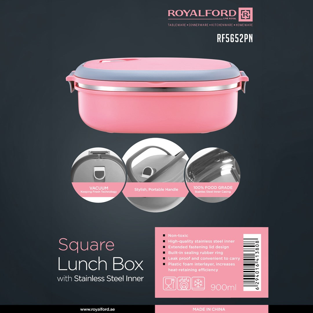 Royalford RF5652PN 900ml Square Lunch Box with Stainless Steel Inner |Vacuum Insulated Leak-Proof Food Container | Sealing Ring | Portable Handle | BPA Free & Food Grade