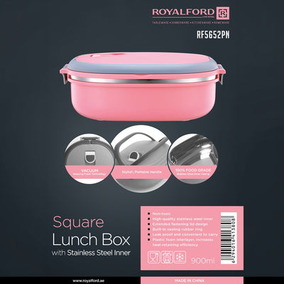 Royalford RF5652PN 900ml Square Lunch Box with Stainless Steel Inner |Vacuum Insulated Leak-Proof Food Container | Sealing Ring | Portable Handle | BPA Free & Food Grade