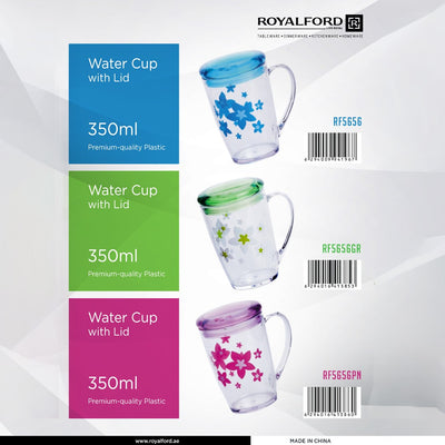 Royalford RF5656PN 350ml Water Cup with Lid| durable plastic build, ergonomic handle & secure lid to prevent spills| ideal for daily use at home, office or travel|