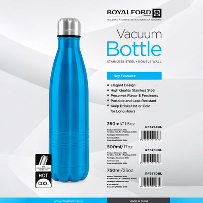 Royalford RF5770BL Stainless Steel Vacuum Bottle 750ml | Double Wall Hot & Cold Insulated Water Bottle with Leak-Resistant Lid | Perfect for Office, Travel & Daily Use