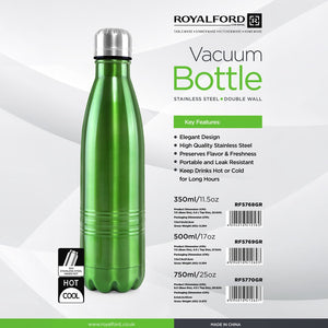 Royalford RF5770GR Stainless Steel Double Wall Vacuum Bottle | Hot & Cold Insulated | Leak Resistant  | Perfect for Office, Travel , Gym , School & Outdoor Activities